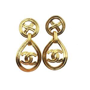 Chanel Vintage Gold Plated Round Cross CC Tear Drop Clip on Earrings